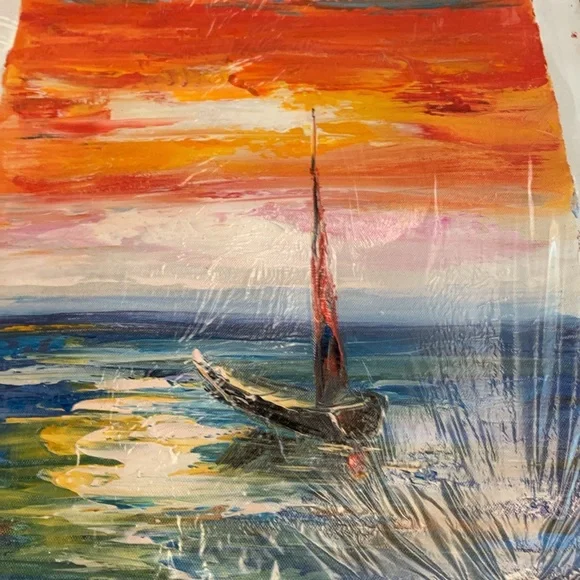 Colorful boat at sunset original oil painting. Approx the 12 1/2” x 16 1/4” - Picture 2 of 2
